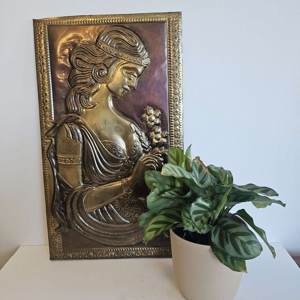 Girl & Flowers Raised Embossed Copper Brass Wall Hanging Plaque Russian?